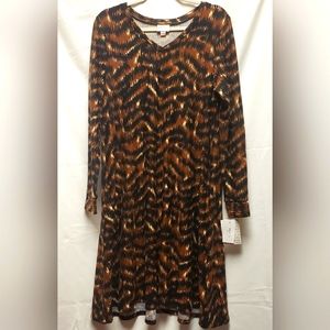 LuLaRoe Emily Dress Aline Long Sleeve Black Brown Cream Abstract Chevron Stripes